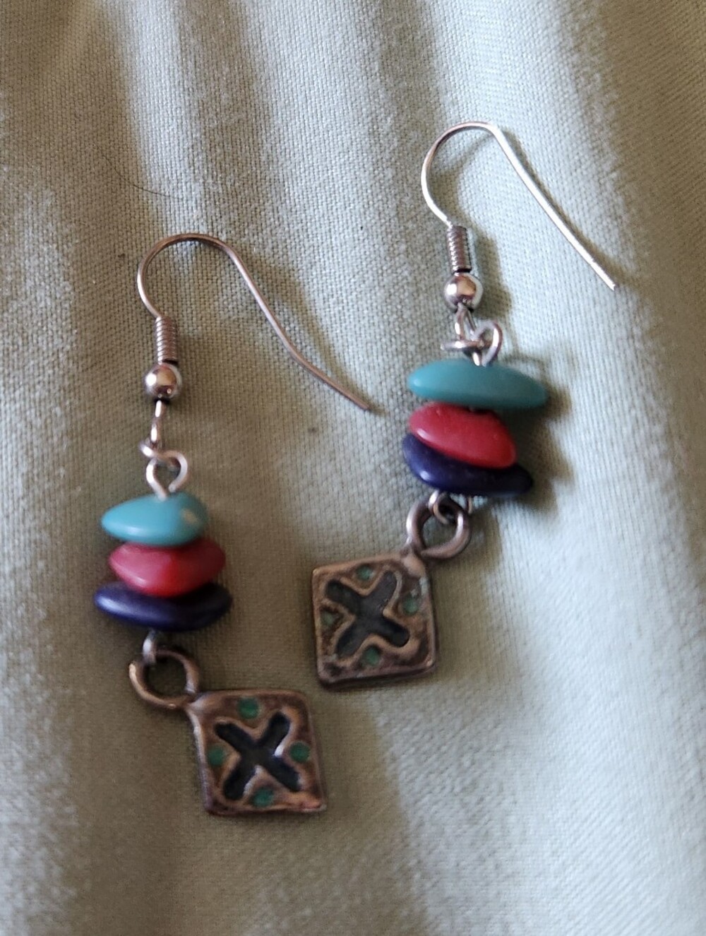 Multicolor Disk Bead Dangle Earrings with Silver-Tone Cross Charms